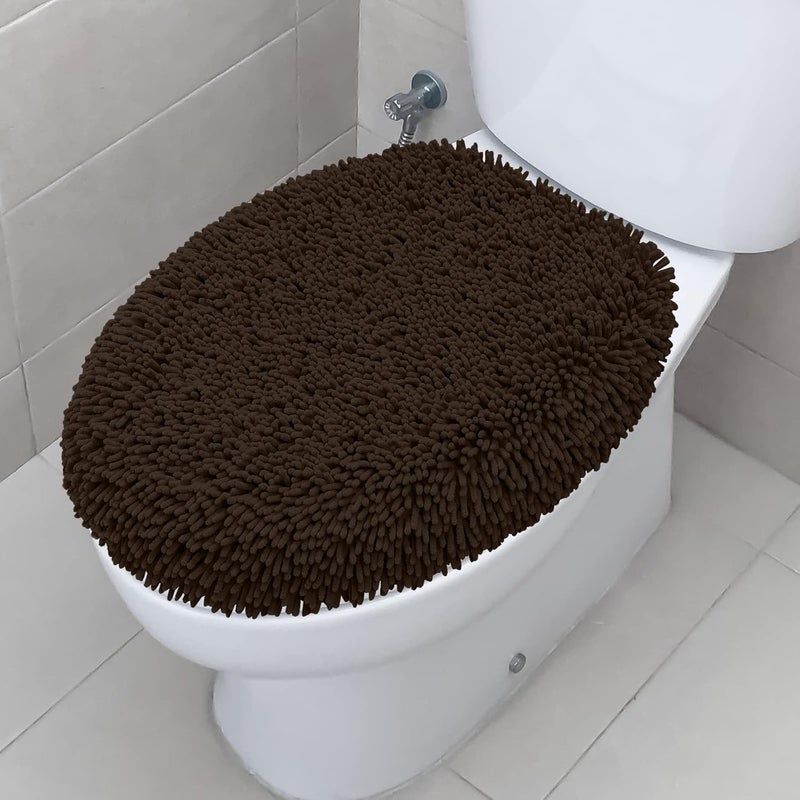 TREETONE Shaggy Chenille Bathroom Toilet Lid Cover, Ultra Soft Plush Seat Covers, Fluffy Absorbent, 19x21 Inches, Standard Toilet Lids for Bathroom Machine Wash & Dry, Chocolate Brown - Image 1